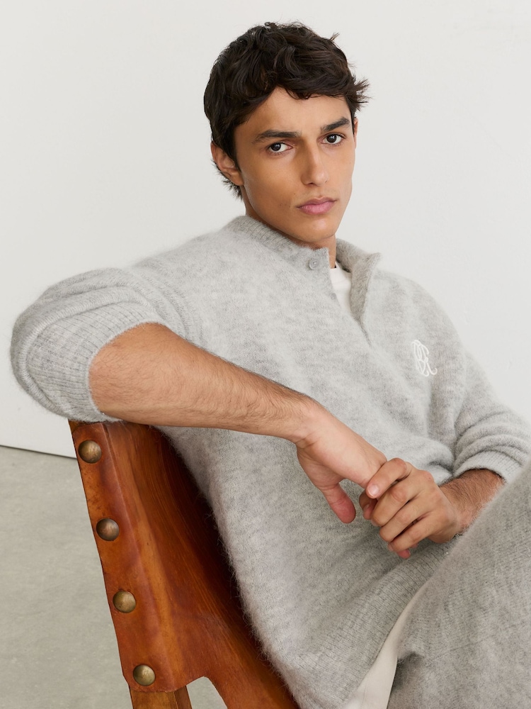 Reiss Soft Grey Cline Monogram Brushed Wool-Blend Polo Jumper - Image 1 of 7 Reiss Soft Grey Cline Monogram Brushed Wool-Blend Polo Jumper - Image 1 of 7