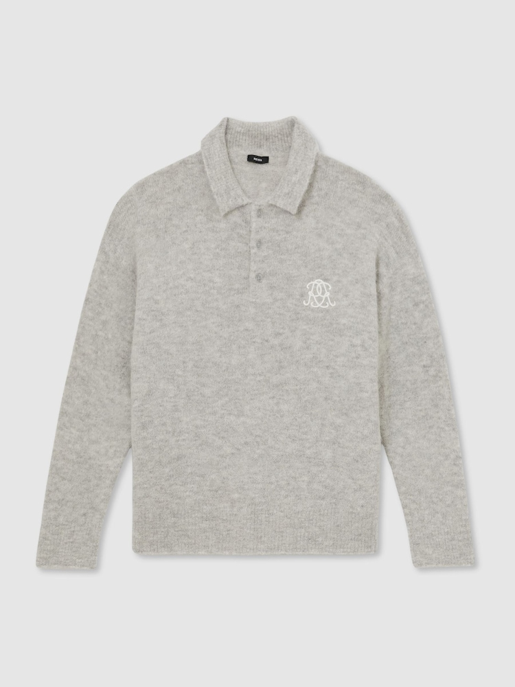 Reiss Soft Grey Cline Monogram Brushed Wool-Blend Polo Jumper - Image 2 of 7 Reiss Soft Grey Cline Monogram Brushed Wool-Blend Polo Jumper - Image 2 of 7