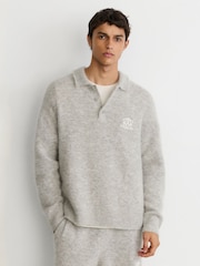 Reiss Soft Grey Cline Monogram Brushed Wool-Blend Polo Jumper - Image 3 of 7