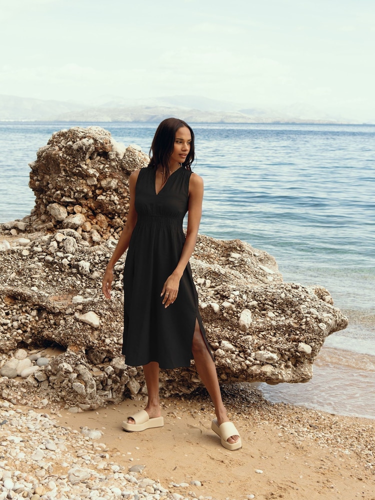Threadbare Black Linen Blend V-Neck Sleeveless Ruched Midi Dress - Image 1 of 4