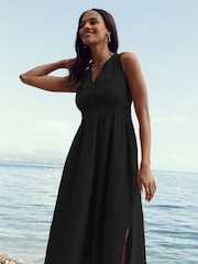Threadbare Black Linen Blend V-Neck Sleeveless Ruched Midi Dress - Image 2 of 4