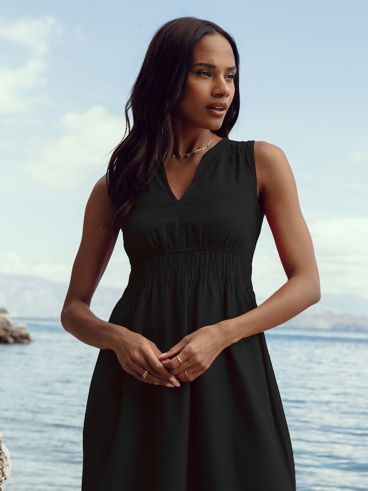Threadbare Black Linen Blend V-Neck Sleeveless Ruched Midi Dress - Image 4 of 4