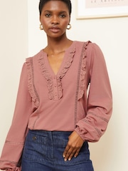 Love & Roses Pink Broderie Trim Lace insert V Neck Jersey Top - Image 1 of 4