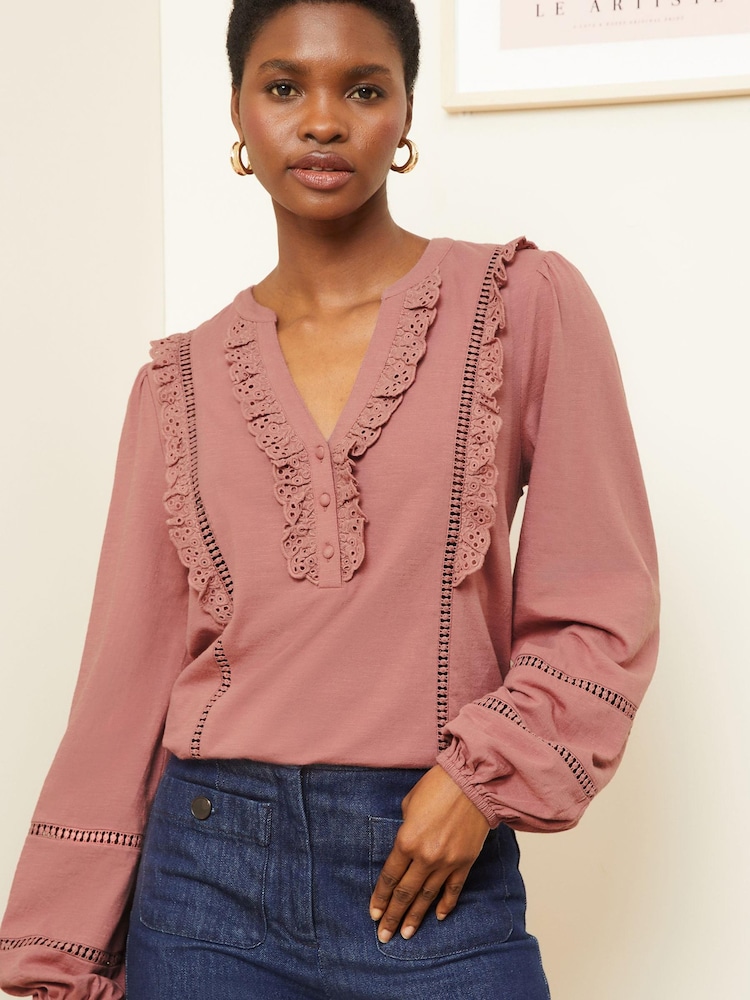 Love & Roses Pink Broderie Trim Lace insert V Neck Jersey Top - Image 1 of 4