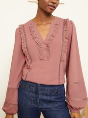 Love & Roses Pink Broderie Trim Lace insert V Neck Jersey Top - Image 2 of 4