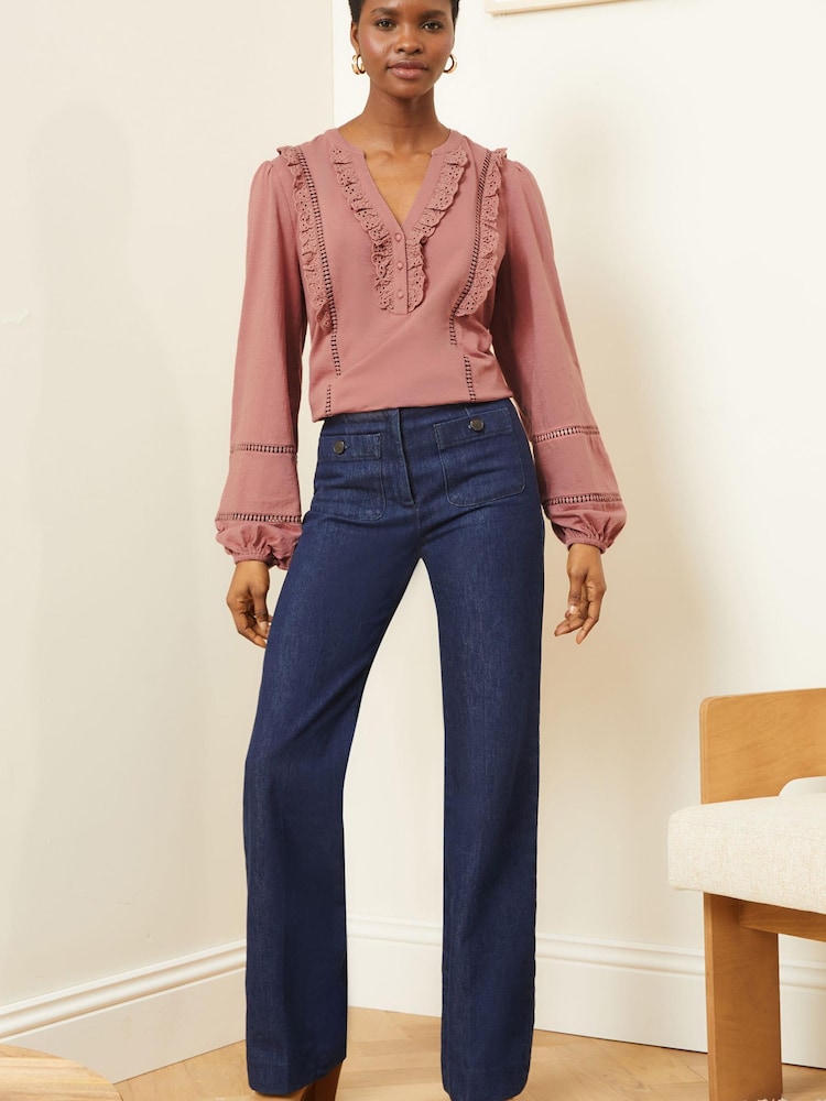 Love & Roses Pink Broderie Trim Lace insert V Neck Jersey Top - Image 4 of 4