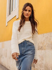 Threadbare White Pointelle Crochet Jumper - Image 1 of 3