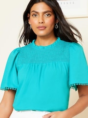 Love & Roses Green Shirred Yoke Flutter Sleeve Jersey Top - Image 1 of 1
