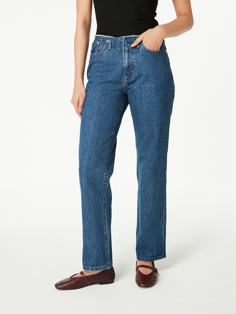Dunkelblau - Jeans mit geradem Bein und ungesäumtem Bund aus 100 % Baumwolle - Bild 2 von 6