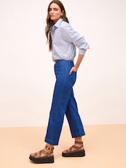 Bright Blue Double Button Cropped Wide Leg Jeans - Image 2 of 6