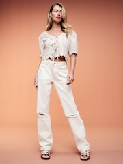 White 100% Cotton Ripped Straight Leg Jeans - Image 1 of 6