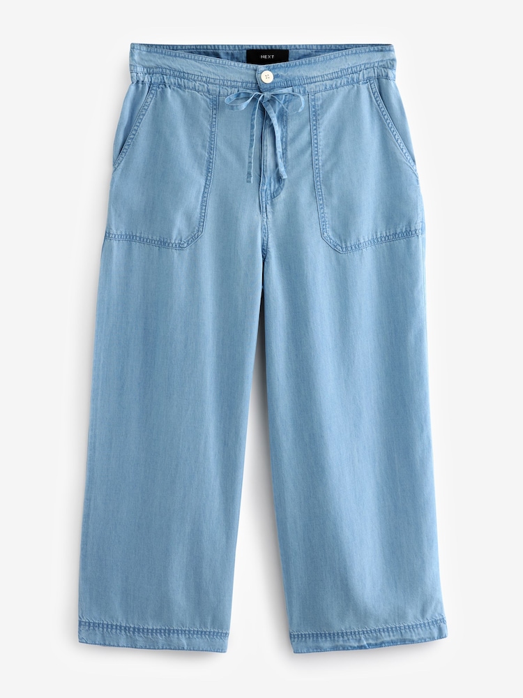 Mid Blue Denim TENCEL™ Tie Waist Wide Leg Culottes - Image 6 of 7