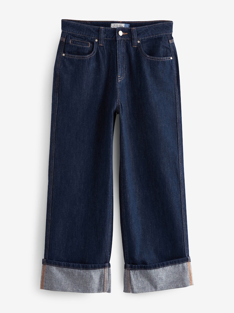 Rinse Blue Cropped Turn Up Wide Leg 100% Cotton Jeans - Image 6 of 7