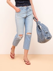 Mid Blue Ripped Cropped Straight Leg Jeans - Image 2 of 6