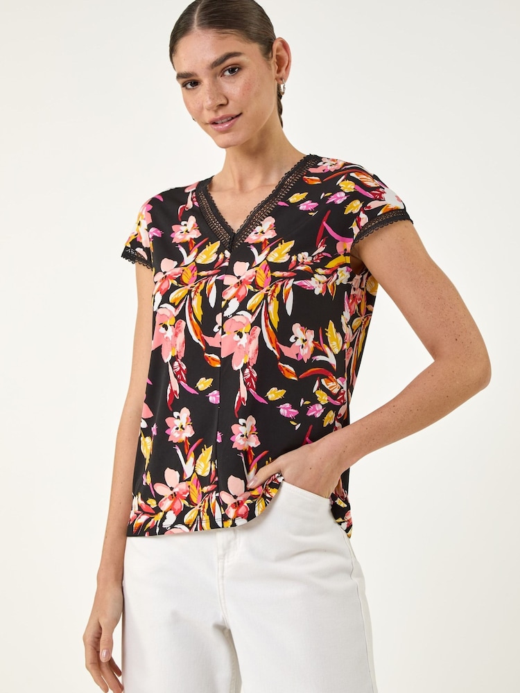 Roman Black Lace Floral Trim V-Neck Top - Image 1 of 4 Roman Black Lace Floral Trim V-Neck Top - Image 1 of 4