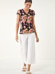 Roman Black Lace Floral Trim V-Neck Top - Image 2 of 4