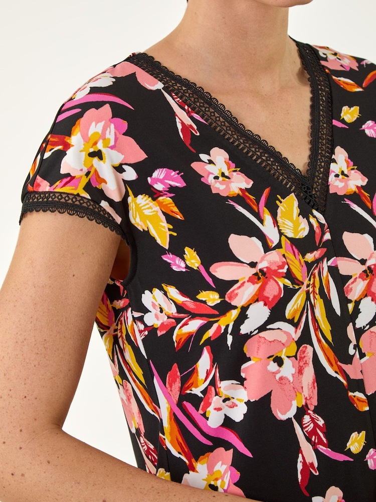 Roman Black Lace Floral Trim V-Neck Top - Image 4 of 4 Roman Black Lace Floral Trim V-Neck Top - Image 4 of 4