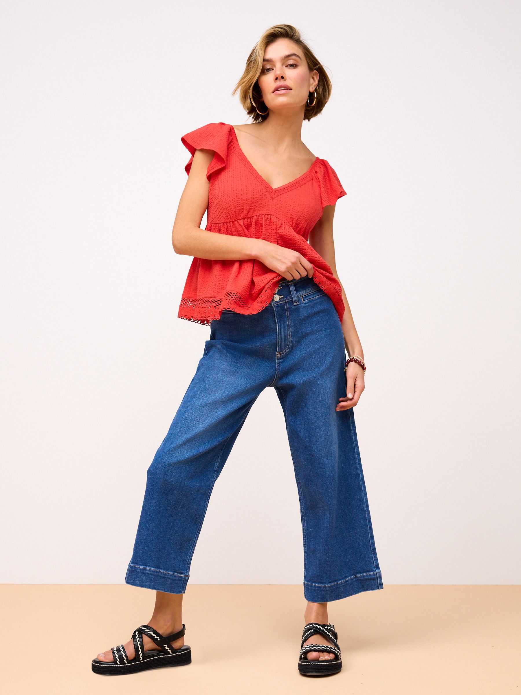 Buy Dark Blue Double Button Cropped Wide Leg Jeans from Next Luxembourg