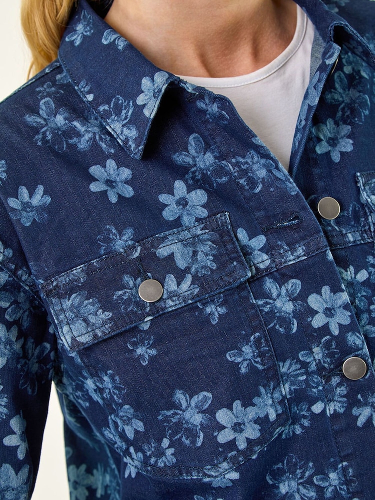Roman Blue Floral Print Pocket Jacket - Image 6 of 6 Roman Blue Floral Print Pocket Jacket - Image 6 of 6