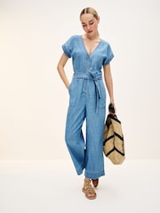 Mid Blue Lightweight Denim Wide Leg Belted Jumpsuit - Image 1 of 1