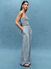 Bleach Denim Cotton Rich Shirred Wide Leg Jumpsuit - Image 1 of 6