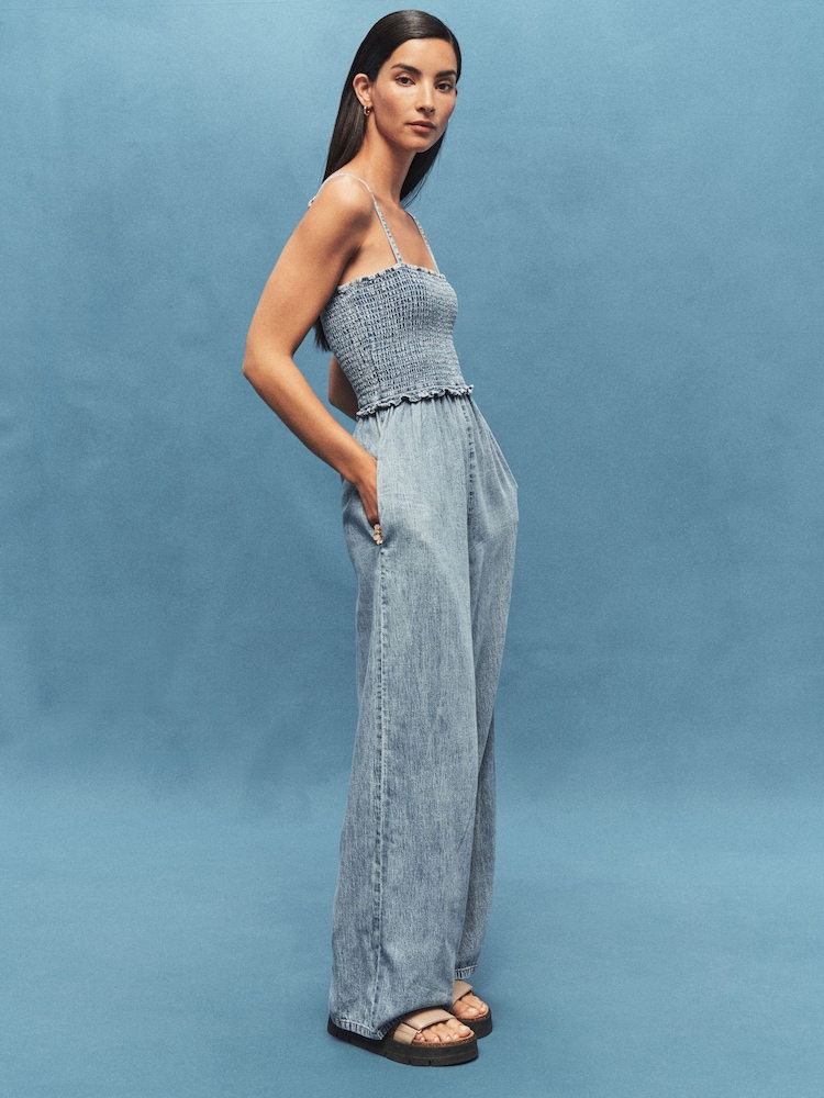 Bleach Denim Cotton Rich Shirred Wide Leg Jumpsuit - Image 1 of 6