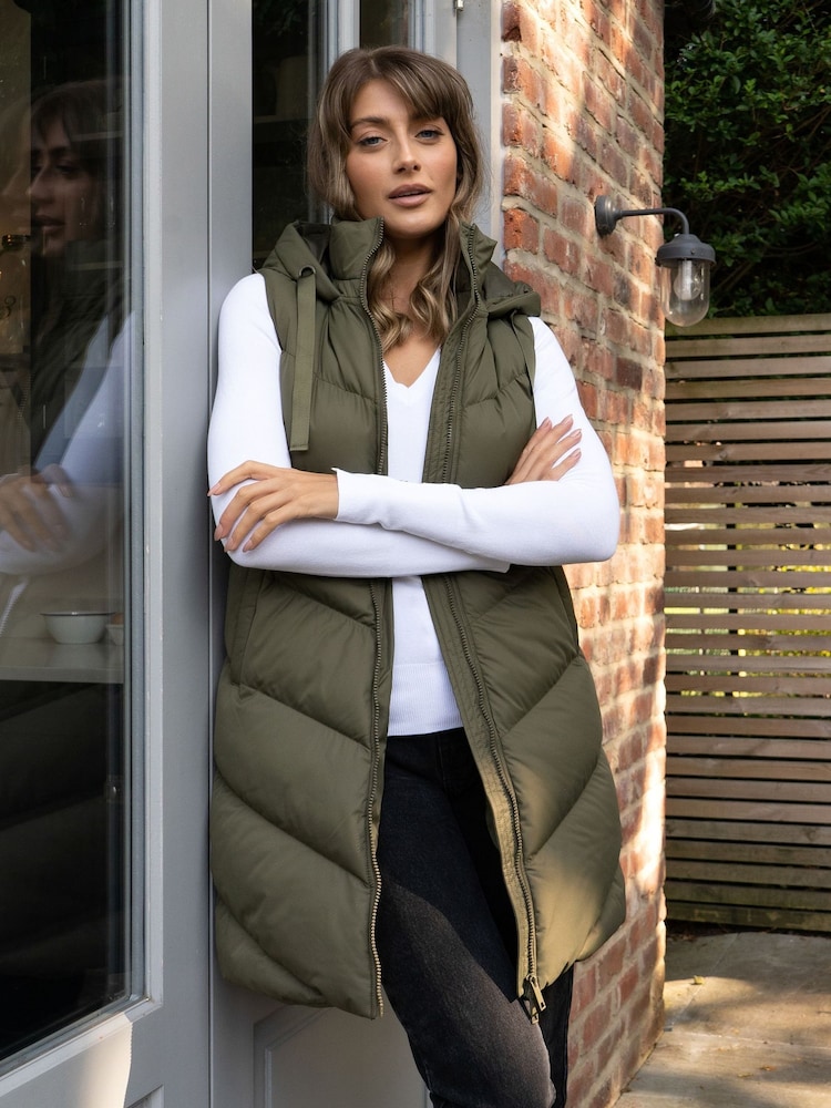 Threadbare Khaki Threadbare Longline Hooded Padded Gilet - Image 1 of 5