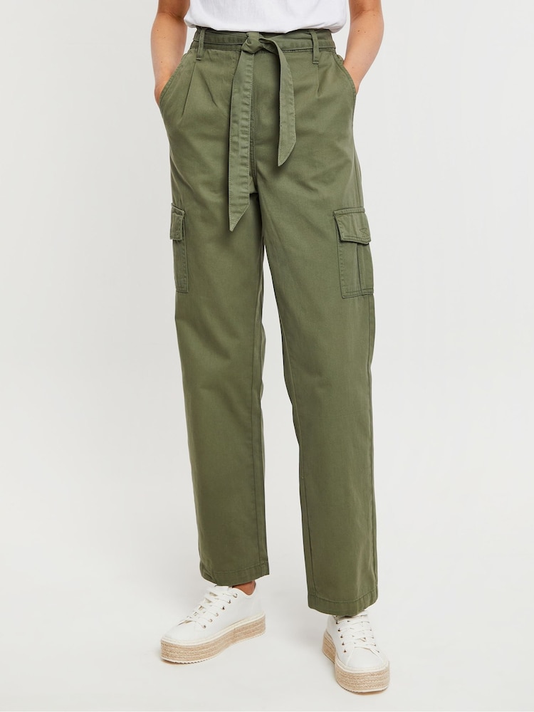 Threadbare Green Cargo Utility Straight Leg Belted 100% Cotton Trousers - Image 1 of 4