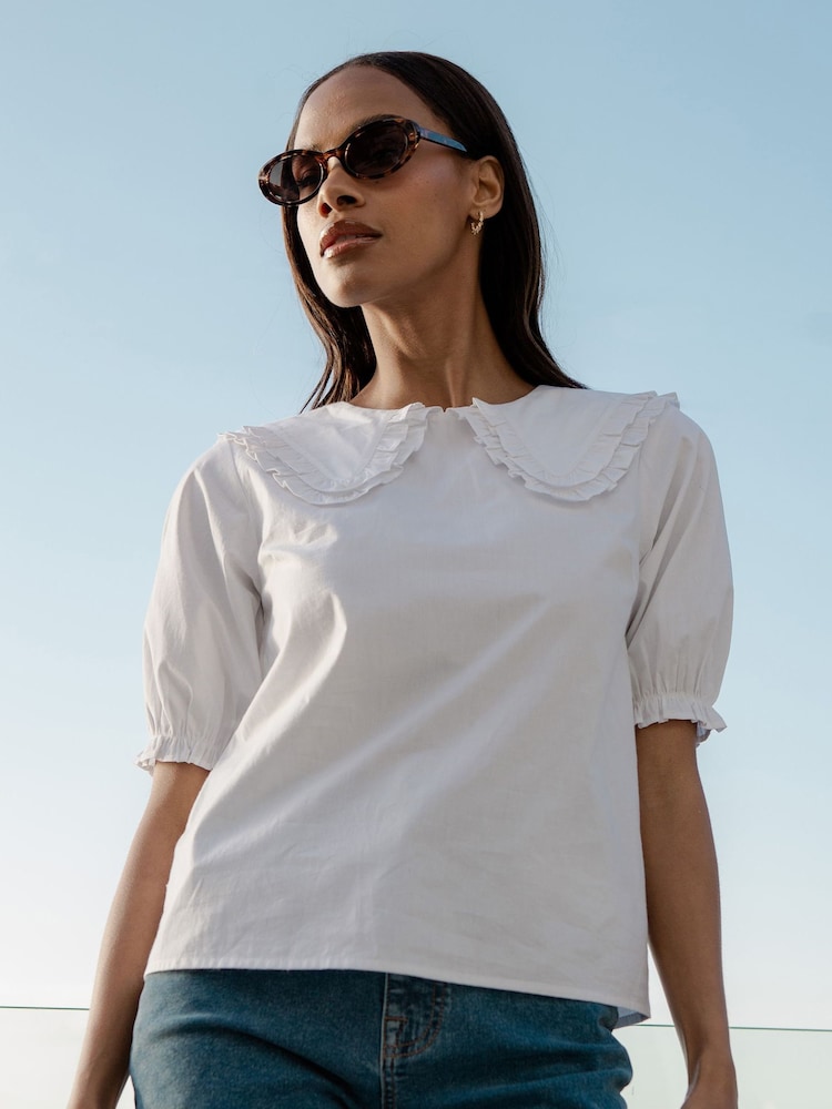 Threadbare White Oversized Frill Collar 100% Cotton Blouse - Image 1 of 4