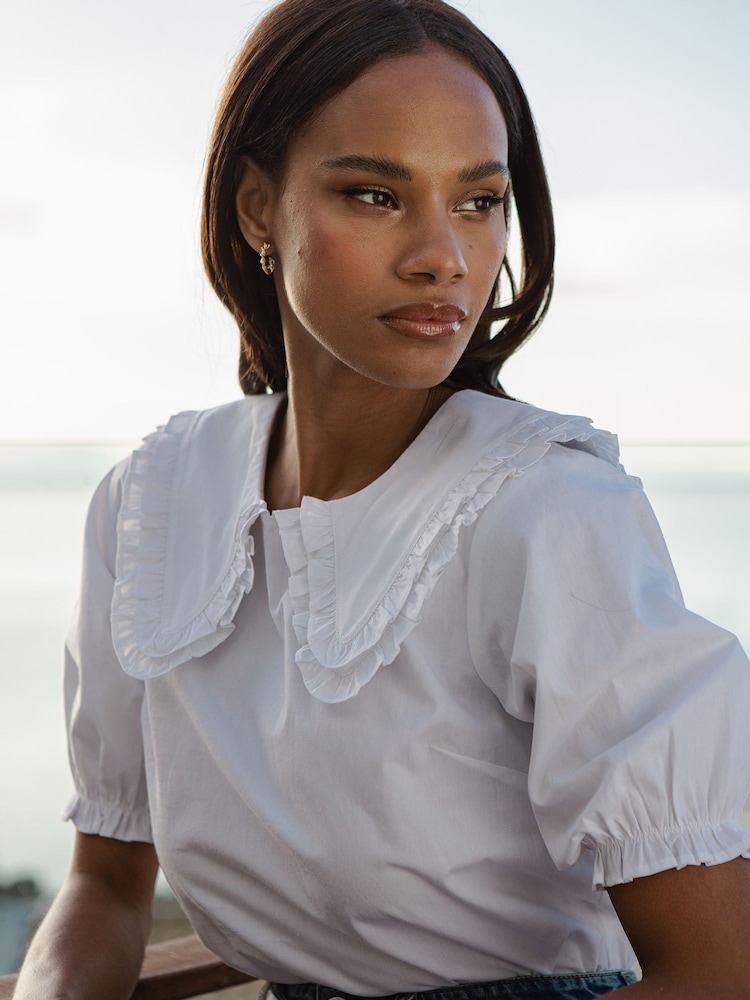Threadbare White Oversized Frill Collar 100% Cotton Blouse - Image 4 of 4