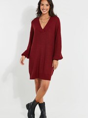 Threadbare Red V-Neck Knitted Jumper Dress - Image 1 of 4