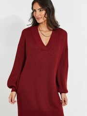 Threadbare Red V-Neck Knitted Jumper Dress - Image 3 of 4