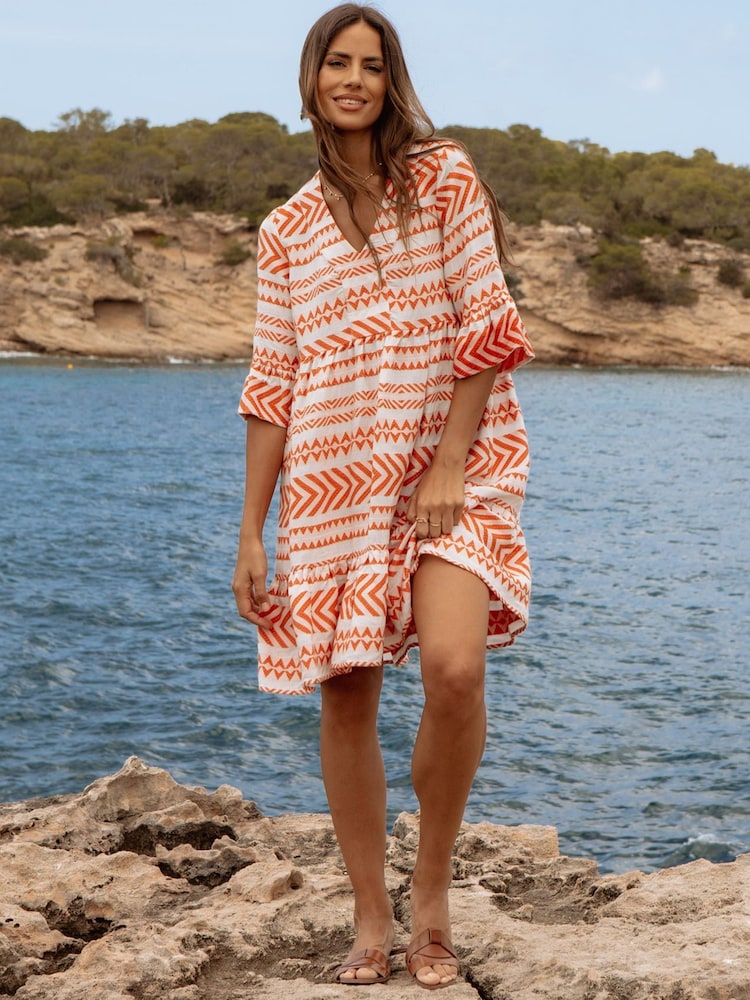 Threadbare Orange Embroidered V-Neck Tiered Midi Dress - Image 1 of 7