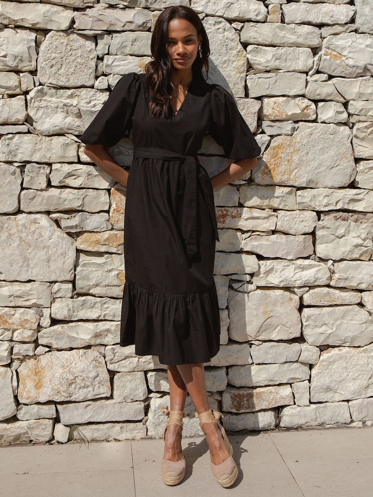 Threadbare Black 100% Cotton Poplin Tiered Midi Dress - Image 1 of 4
