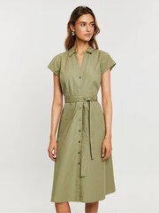 Threadbare Green Cotton Poplin Belted Midi Dress - Image 1 of 4