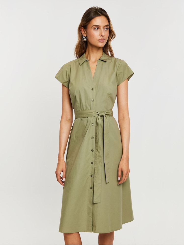 Threadbare Green Cotton Poplin Belted Midi Dress - Image 1 of 4