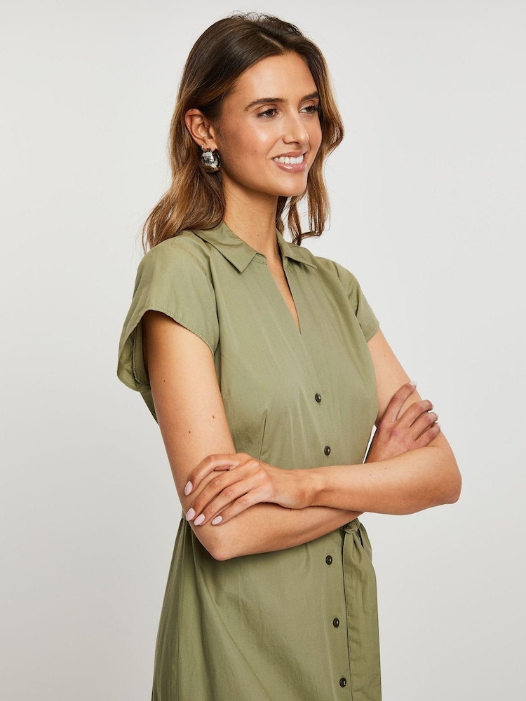 Threadbare Green Cotton Poplin Belted Midi Dress - Image 4 of 4
