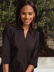 Threadbare Black Cotton Poplin V-Neck Shirt Dress - Image 5 of 5