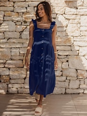 Threadbare Blue Linen Blend Tiered Midi Dress - Image 1 of 4