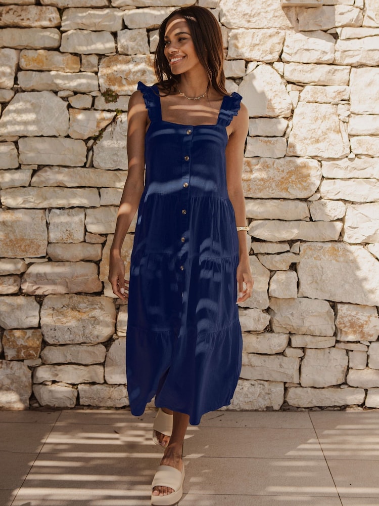 Threadbare Blue Linen Blend Tiered Midi Dress - Image 1 of 4