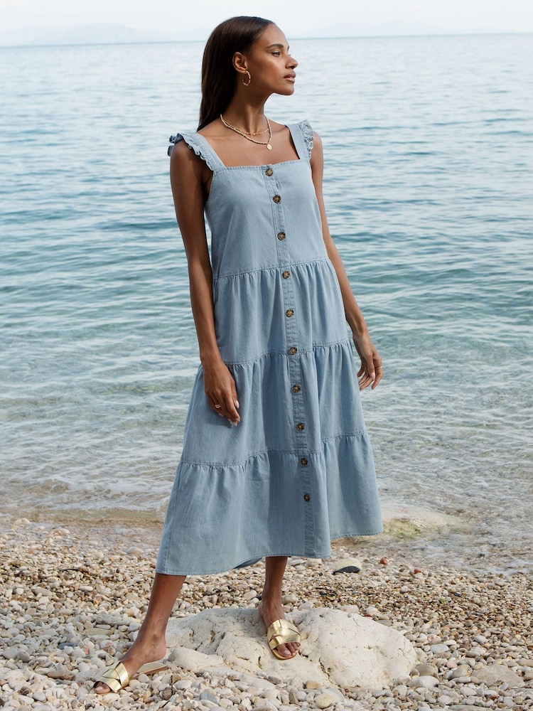 Threadbare Blue 100% Cotton Linen Blend Tiered Midi Dress - Image 1 of 4