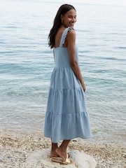 Threadbare Blue 100% Cotton Linen Blend Tiered Midi Dress - Image 2 of 4