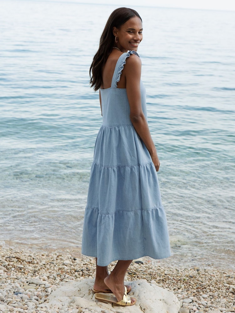 Threadbare Blue 100% Cotton Linen Blend Tiered Midi Dress - Image 2 of 4