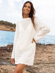 Threadbare White Crochet Long Sleeved Mini Dress - Image 1 of 4