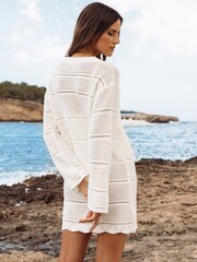 Threadbare White Crochet Long Sleeved Mini Dress - Image 2 of 4