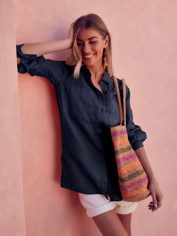 Navy 100% Linen Long Sleeve Shirt - Image 1 of 7