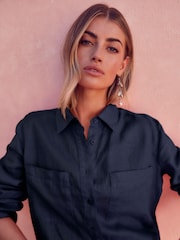 Navy 100% Linen Long Sleeve Shirt - Image 4 of 7