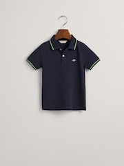 GANT Blue Kids Tipped Shield Piqué 100% Cotton Polo Shirt - Image 1 of 2