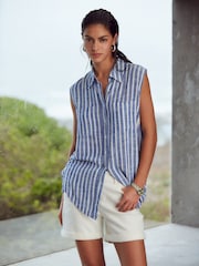 Blue/White Stripe Sleeveless Ruched Side Linen Blend Shirt - Image 1 of 6