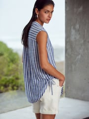 Blue/White Stripe Sleeveless Ruched Side Linen Blend Shirt - Image 2 of 6